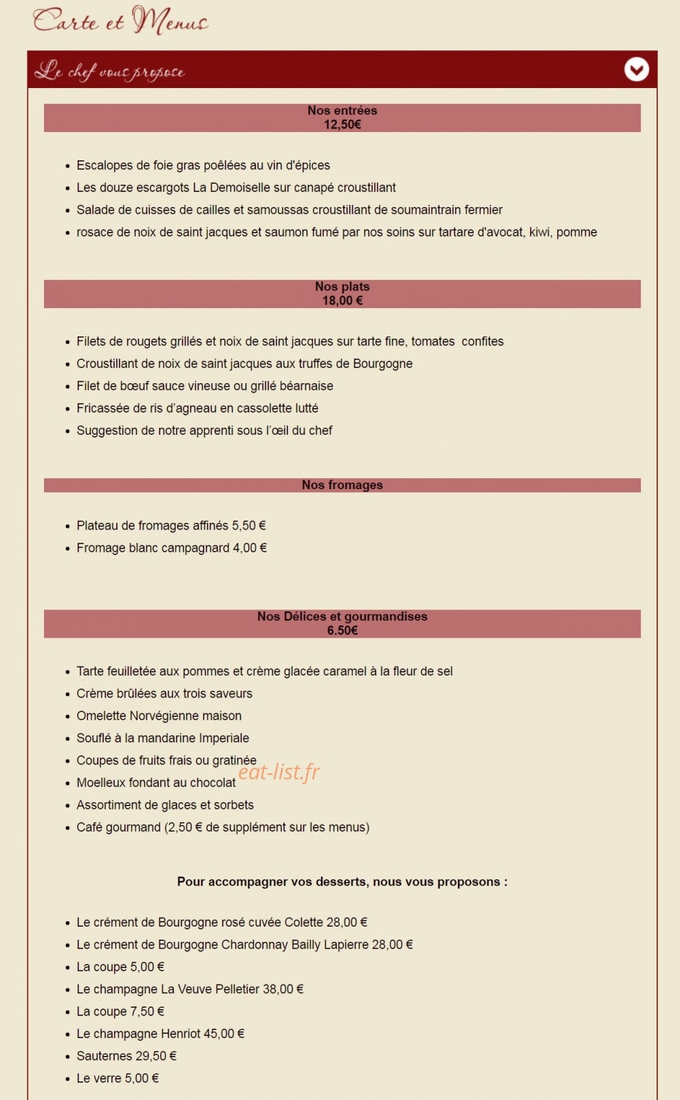 Carte et menu de Auberge La Demoiselle à Saint Fargeau — Entrées, plats, fromages,.....