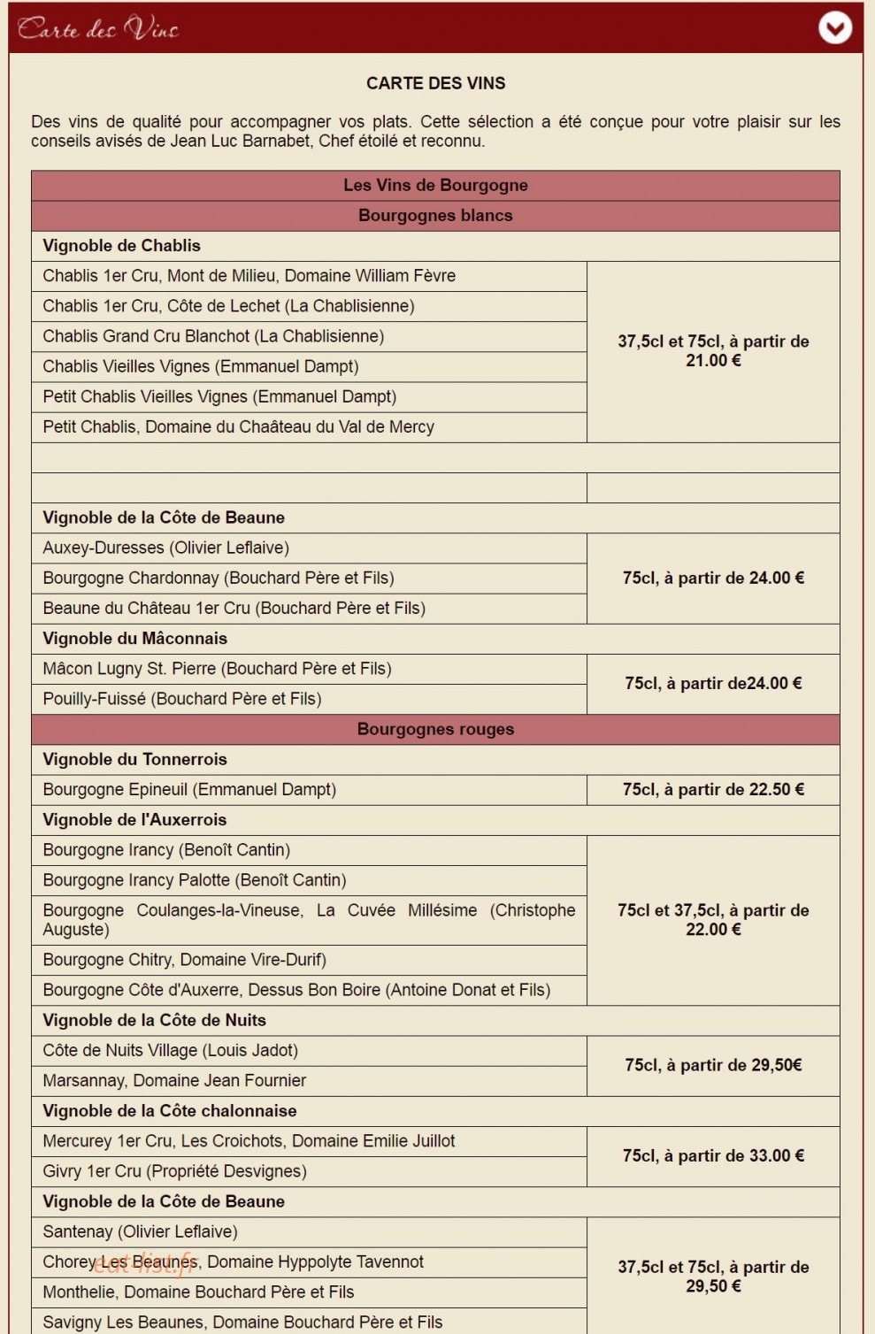 Carte et menu de Auberge La Demoiselle à Saint Fargeau — Vins