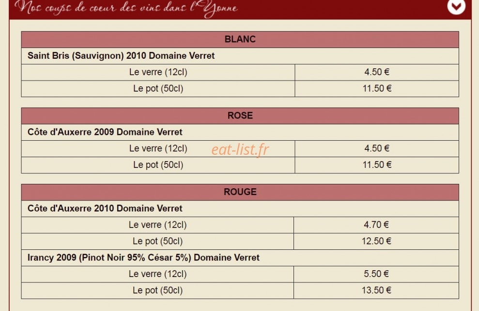 Carte et menu de Auberge La Demoiselle à Saint Fargeau — Coupe de cœur des vins