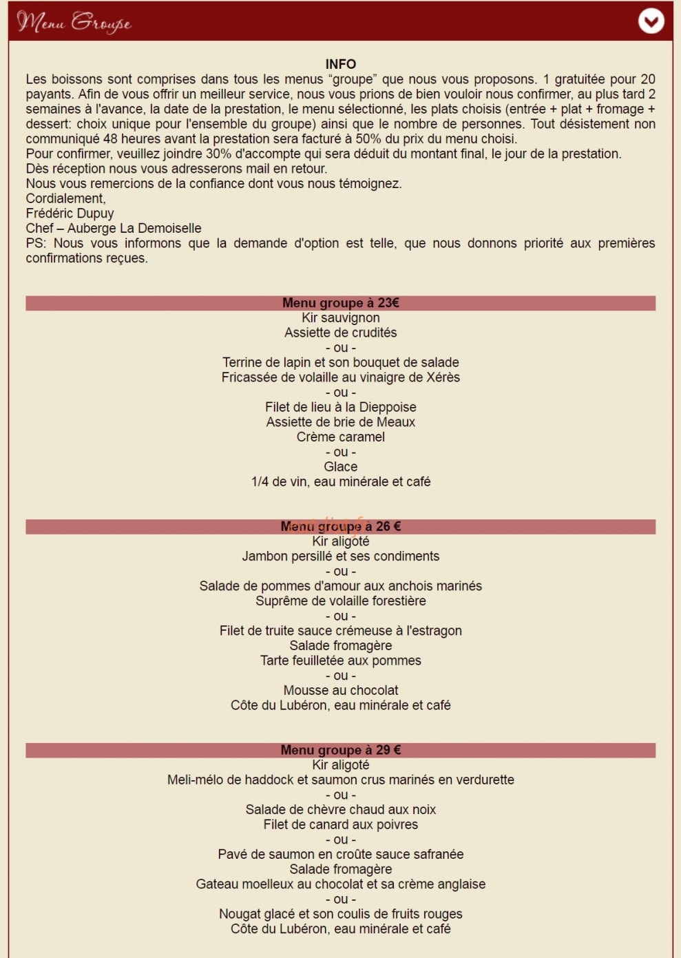 Carte et menu de Auberge La Demoiselle à Saint Fargeau — Menu groupe