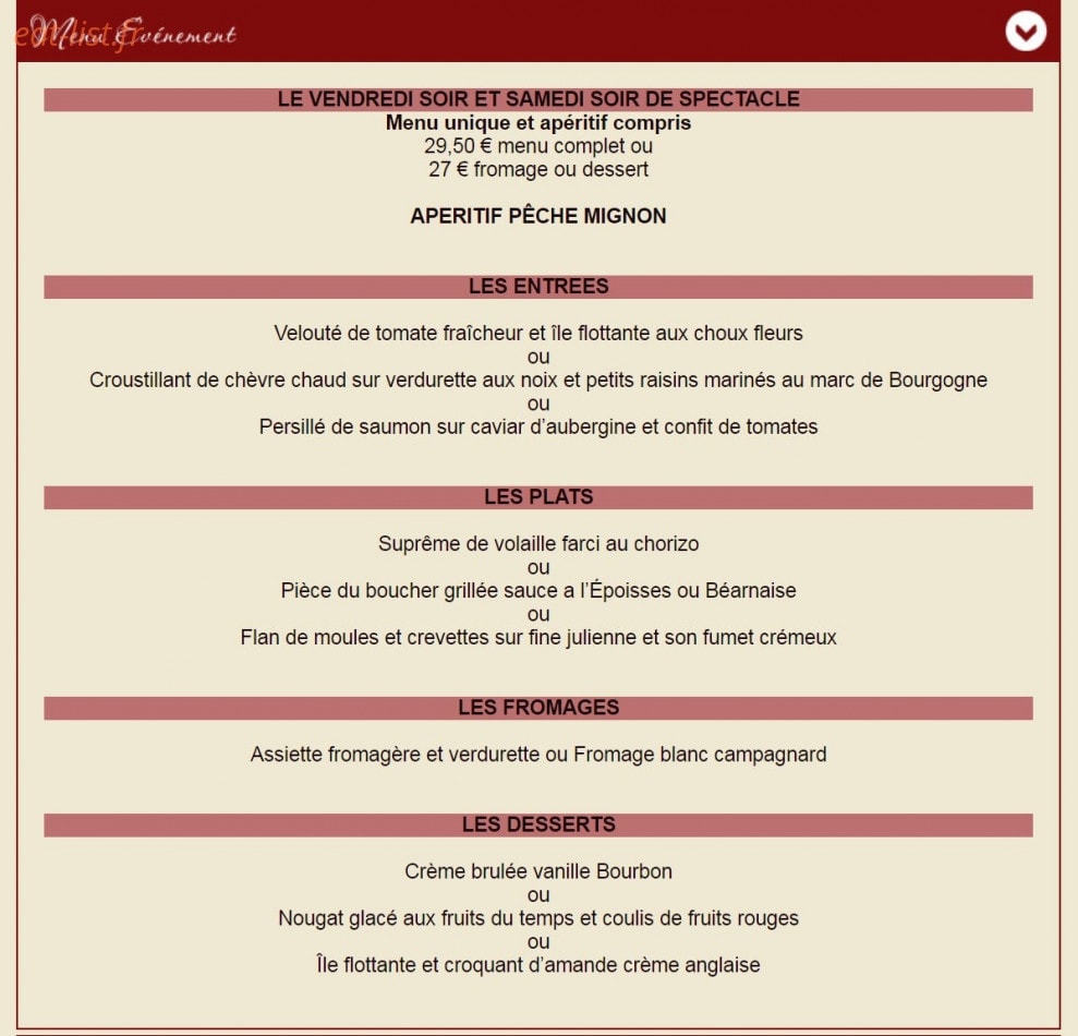 Carte et menu de Auberge La Demoiselle à Saint Fargeau — Menu événement