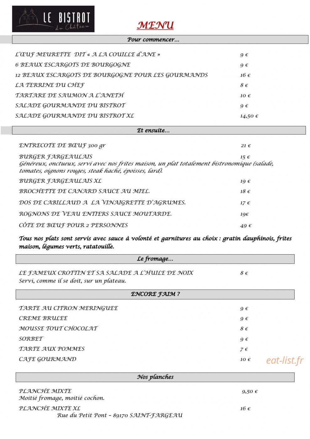 Le bistrot du Château — carte page 1