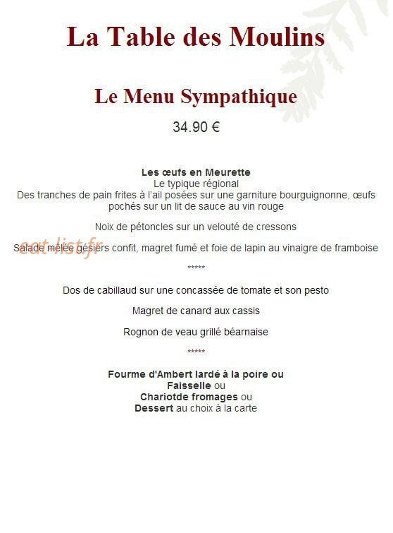 Carte et menu de Auberge des Vieux Moulins Banaux à Bagneaux — Le menu sympathique