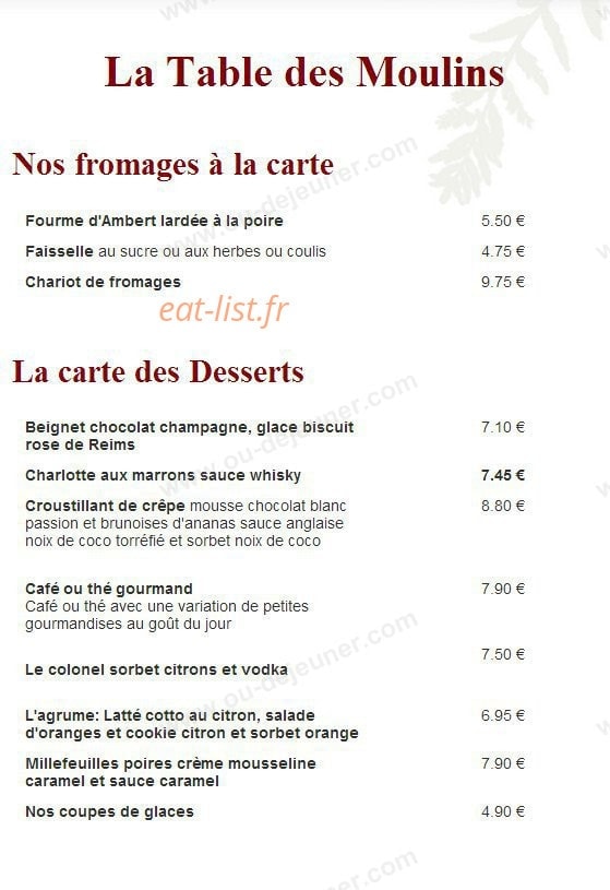 Carte et menu de Auberge des Vieux Moulins Banaux à Bagneaux — Les fromages et desserts