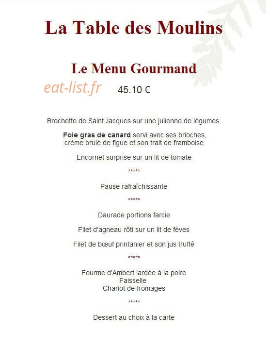 Carte et menu de Auberge des Vieux Moulins Banaux à Bagneaux — Le menu gourmand