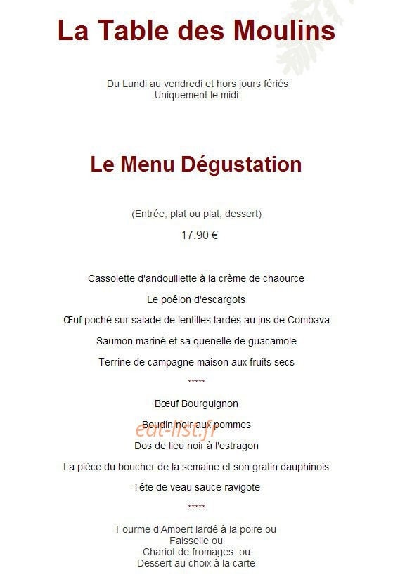 Carte et menu de Auberge des Vieux Moulins Banaux à Bagneaux — Le menu dégustation