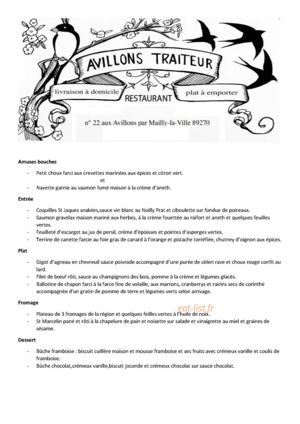Avillons traiteur — carte page 1