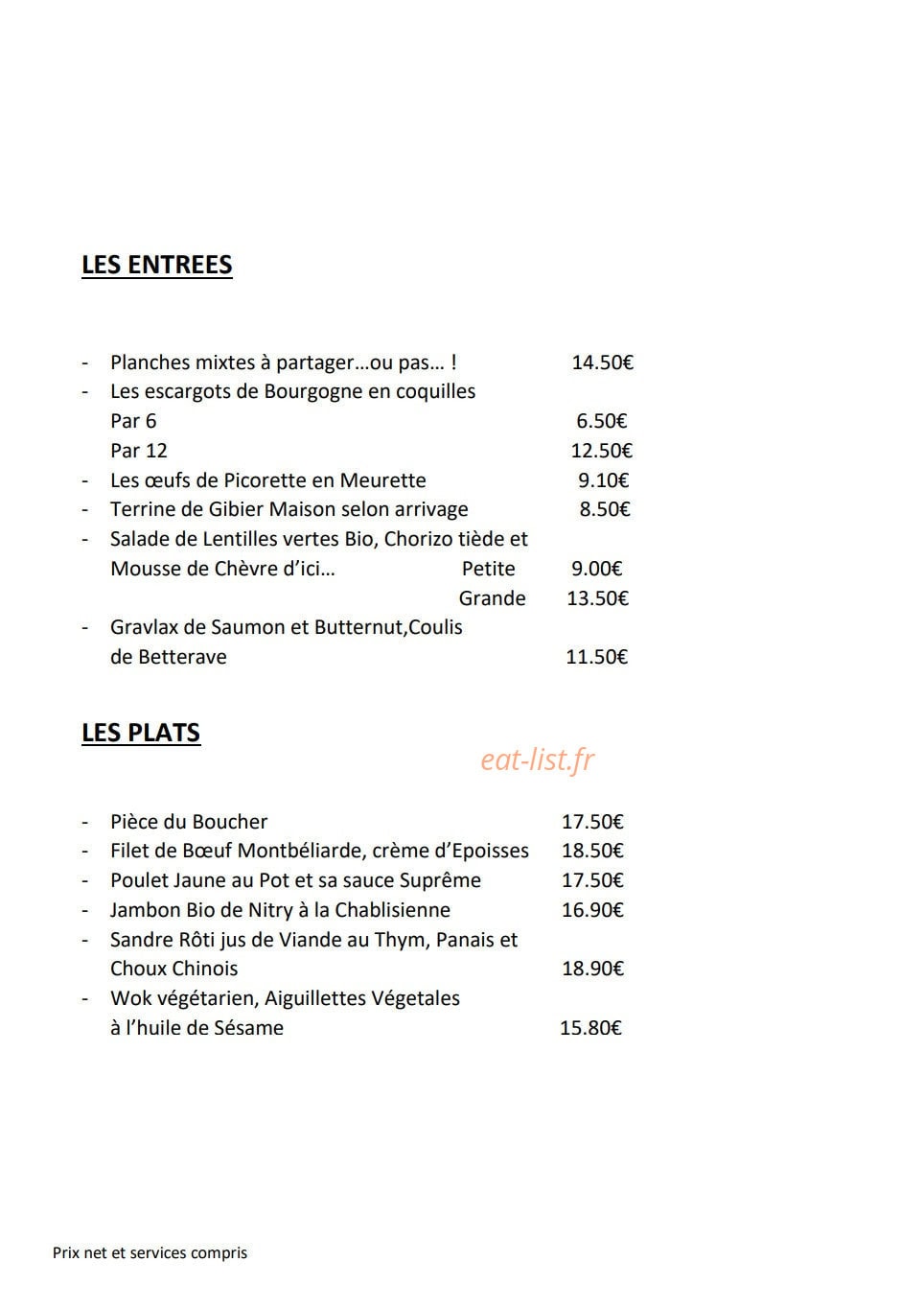 Bistro de la Place — carte page 1