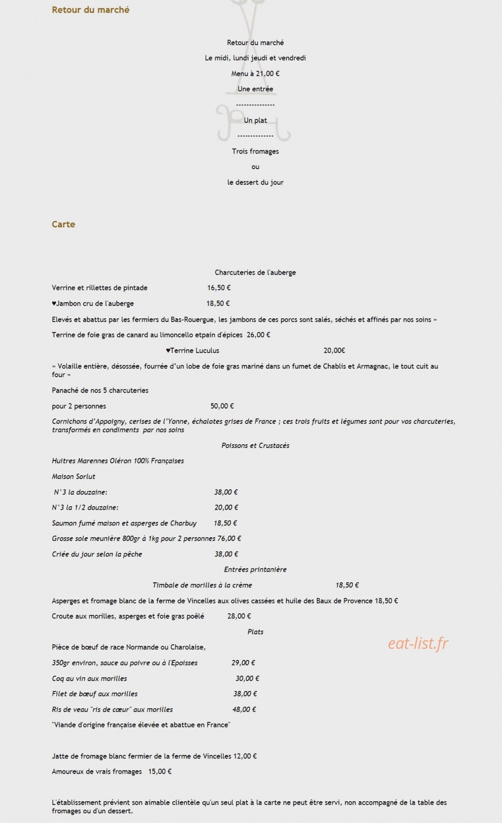 Auberge les Tilleuls — carte page 1