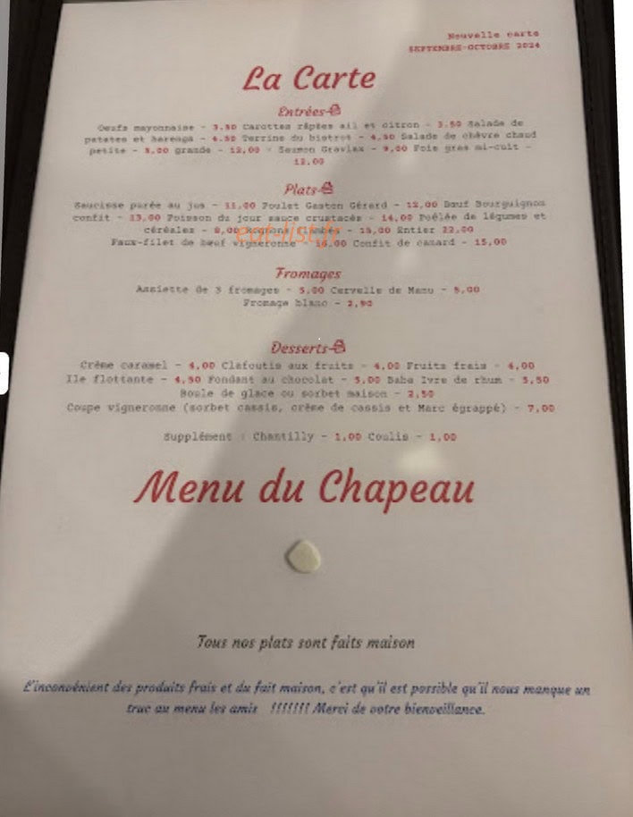 Le Bistrot du Chapeau — carte page 1