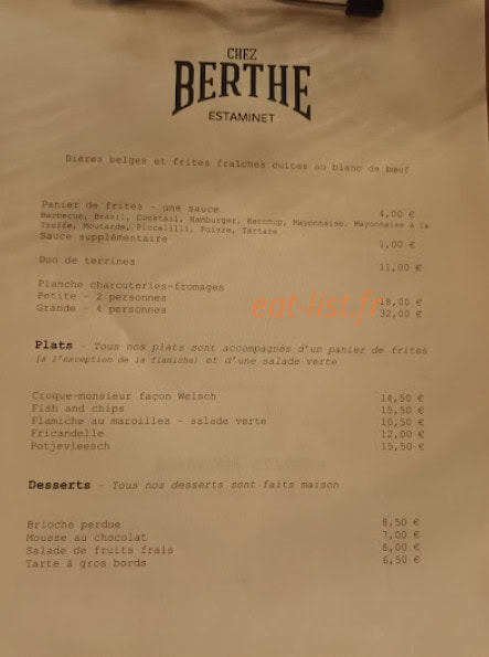 Carte et menu de Chez Berthe Estaminet à Villeneuve sur Yonne — La carte