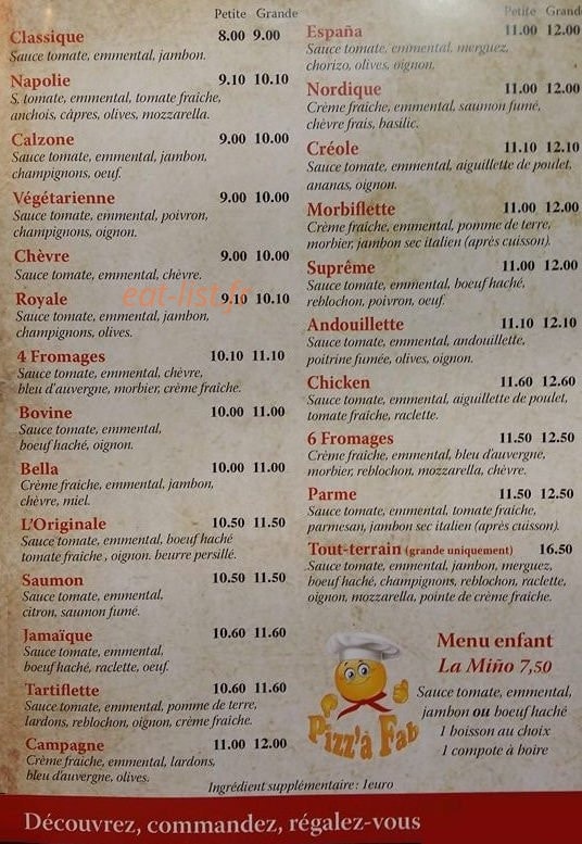 Pizz'a fab — carte page 1