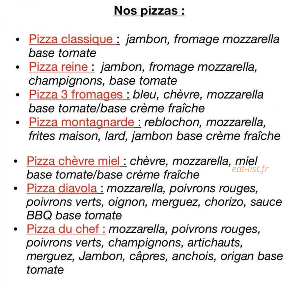 Carte et menu de Le P'tit Bistro à Saint Sauveur en Puisaye — Les pizzas
