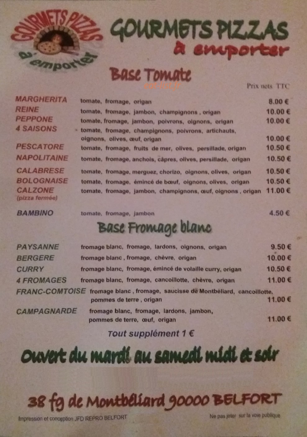 Gourmets Pizzas — carte page 1