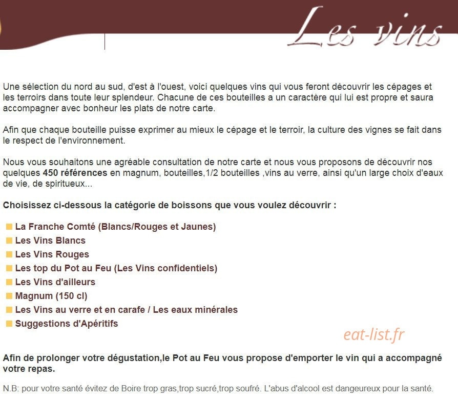 Carte et menu de Lepotaufeu Marie France à Belfort — Vins