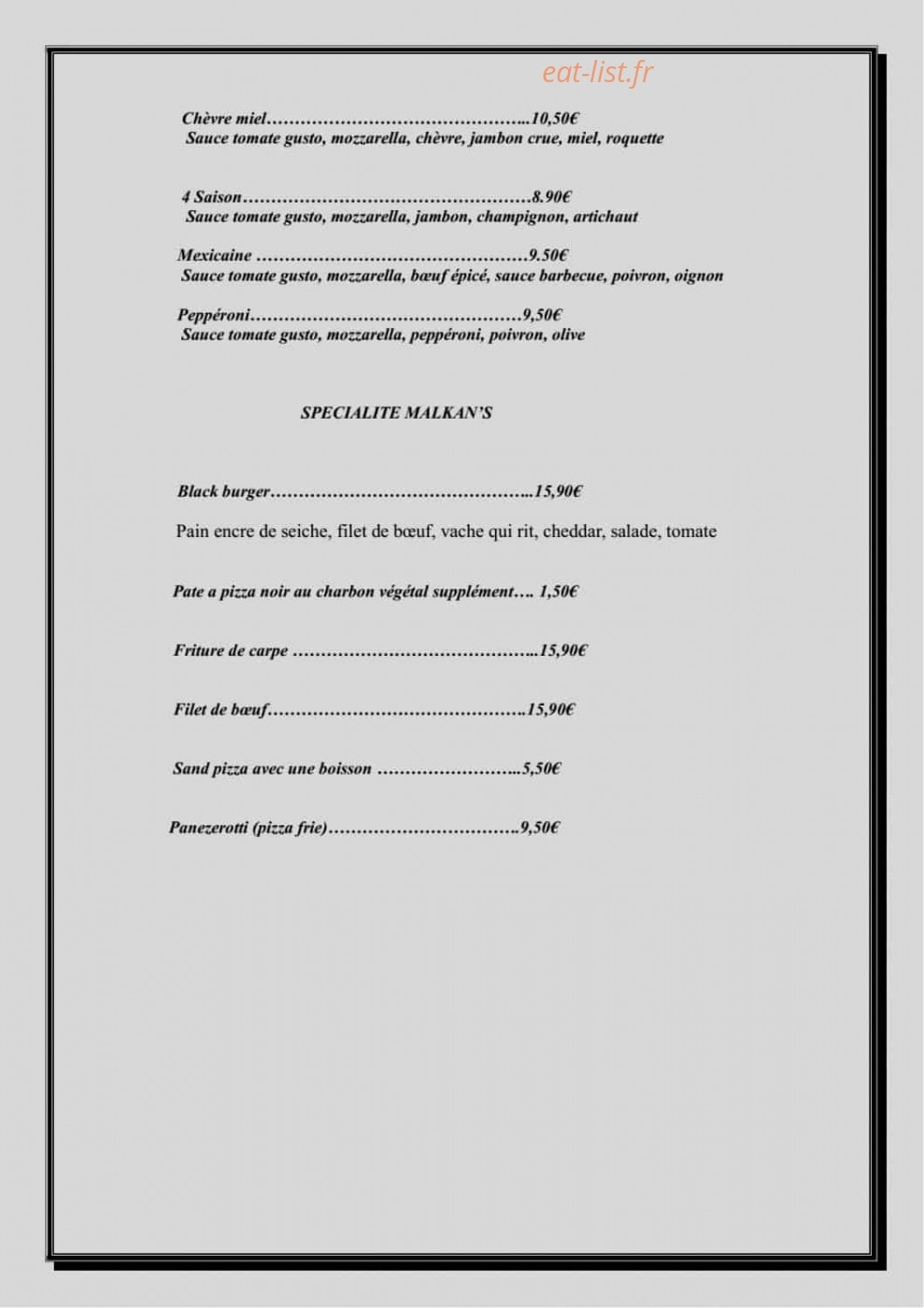 Malkan's pizza — carte page 5