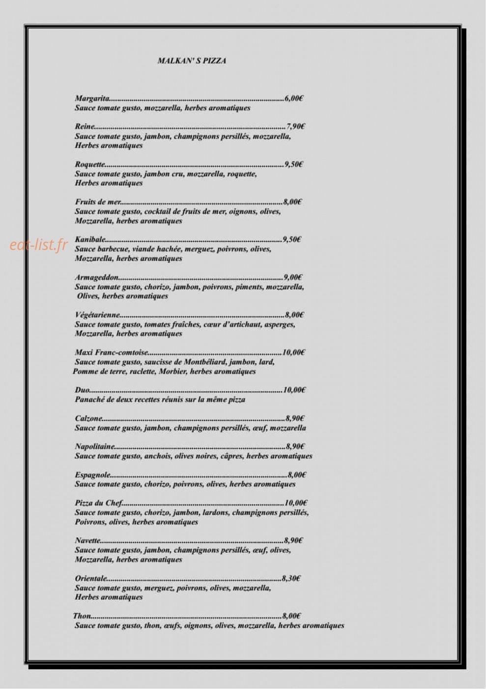 Malkan's pizza — carte page 1
