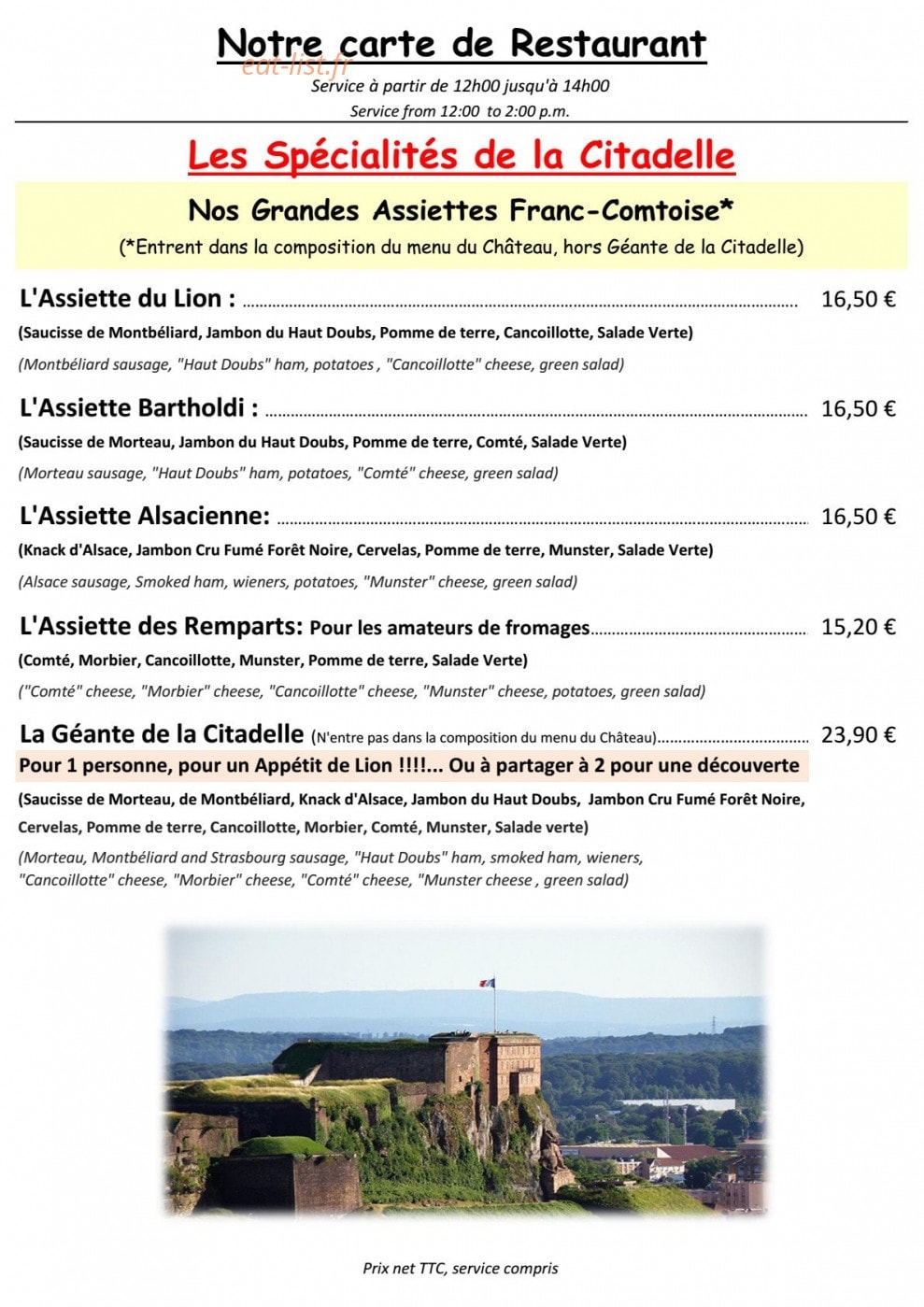 Restaurant de la Citadelle de — carte page 1