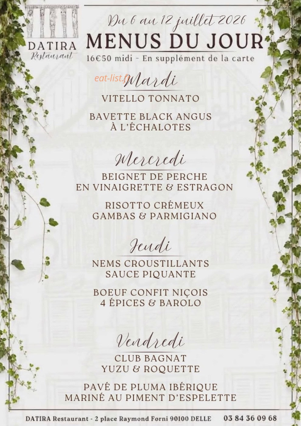 Carte et menu de Datira Café à Delle — Exemple de menu du jour