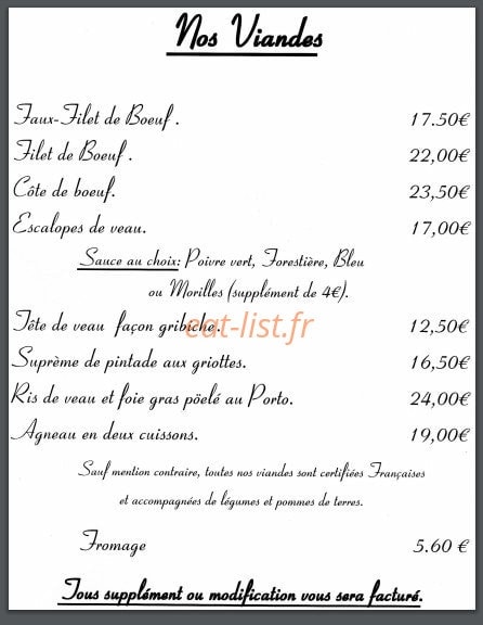 Carte et menu de Restaurant de l'Ecrevisse à Florimont — Les viandes