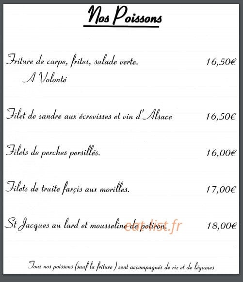Carte et menu de Restaurant de l'Ecrevisse à Florimont — Les poissons
