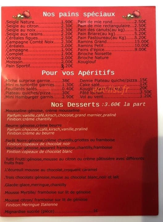 Carte et menu de Au Fournil de Francis à Menoncourt — Les menus