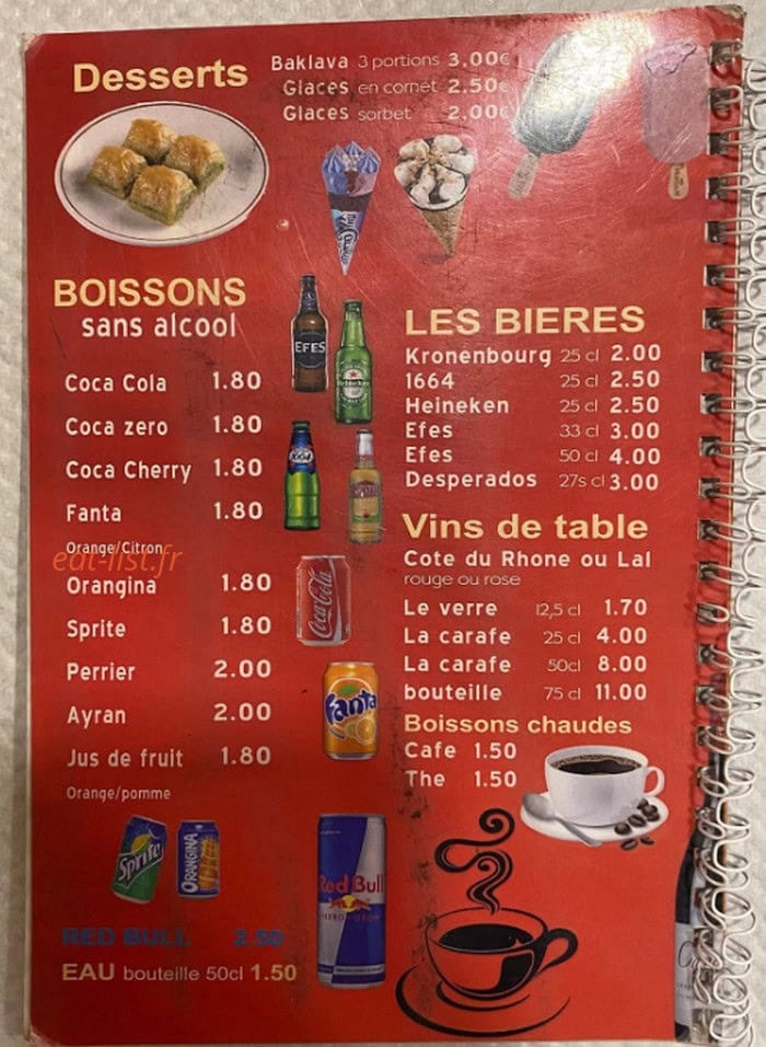 Carte et menu de L'Antalya à Giromagny — Desserts et boissons