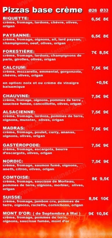 Carte et menu de Piz'zasta et Gourmandises à Valdoie — Les pizzas à base crème