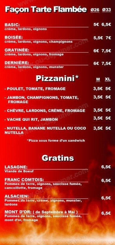 Carte et menu de Piz'zasta et Gourmandises à Valdoie — Les tartes flambées, pizzaninis et gratins