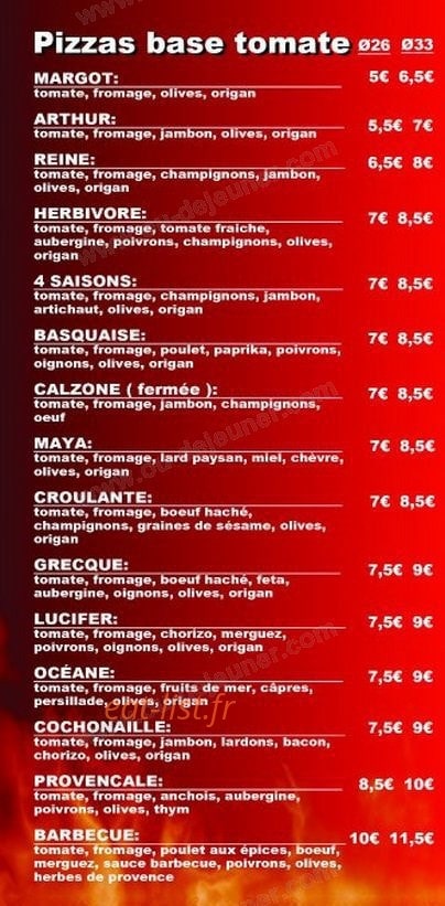 Carte et menu de Piz'zasta et Gourmandises à Valdoie — Les pizzas à base tomate
