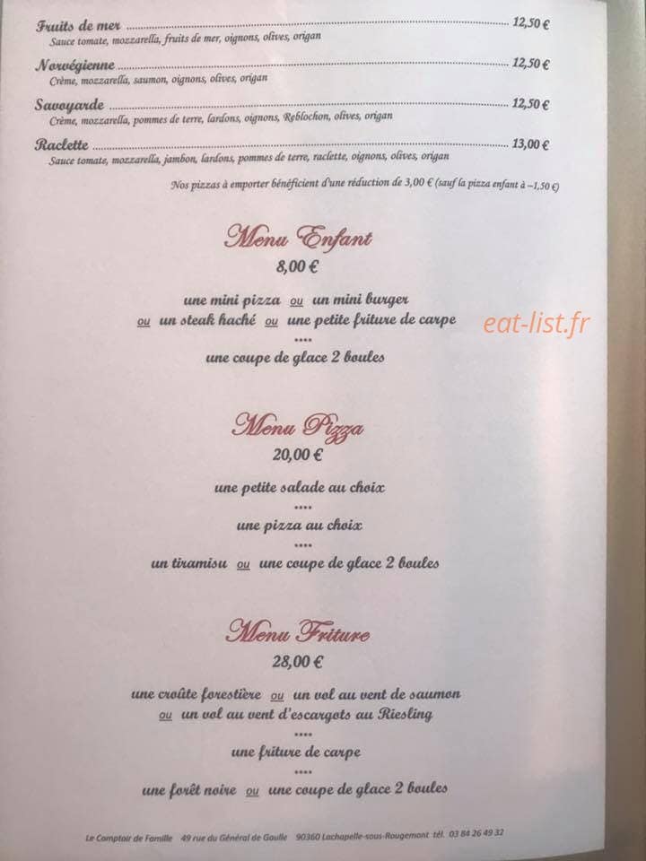 Carte et menu de Le comptoir de famille à Lachapelle Sous Rougemont — pizzas, menus