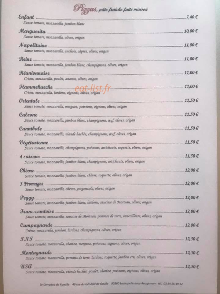 Carte et menu de Le comptoir de famille à Lachapelle Sous Rougemont — pizzas