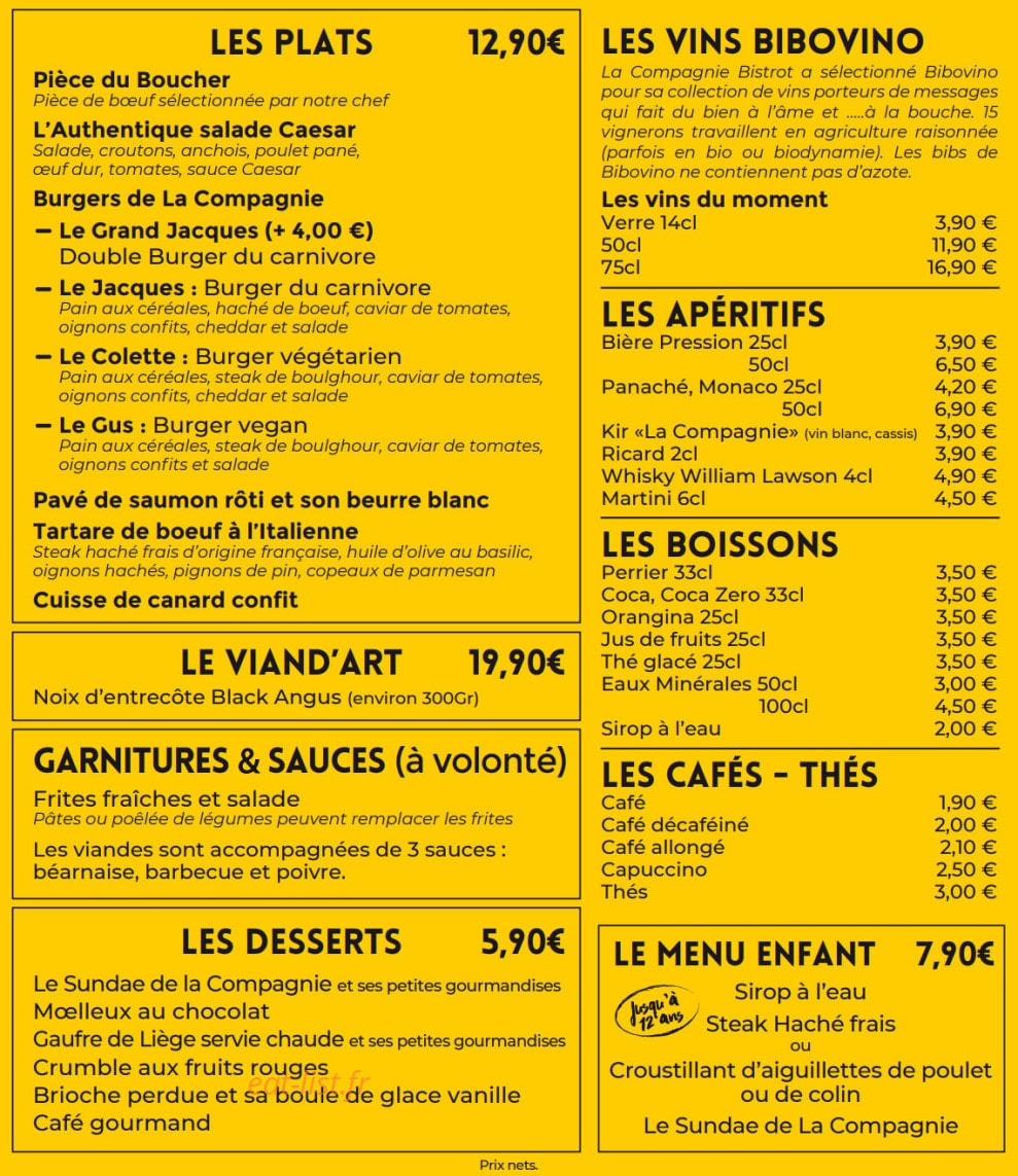 La Compagnie Bistrot — carte page 1