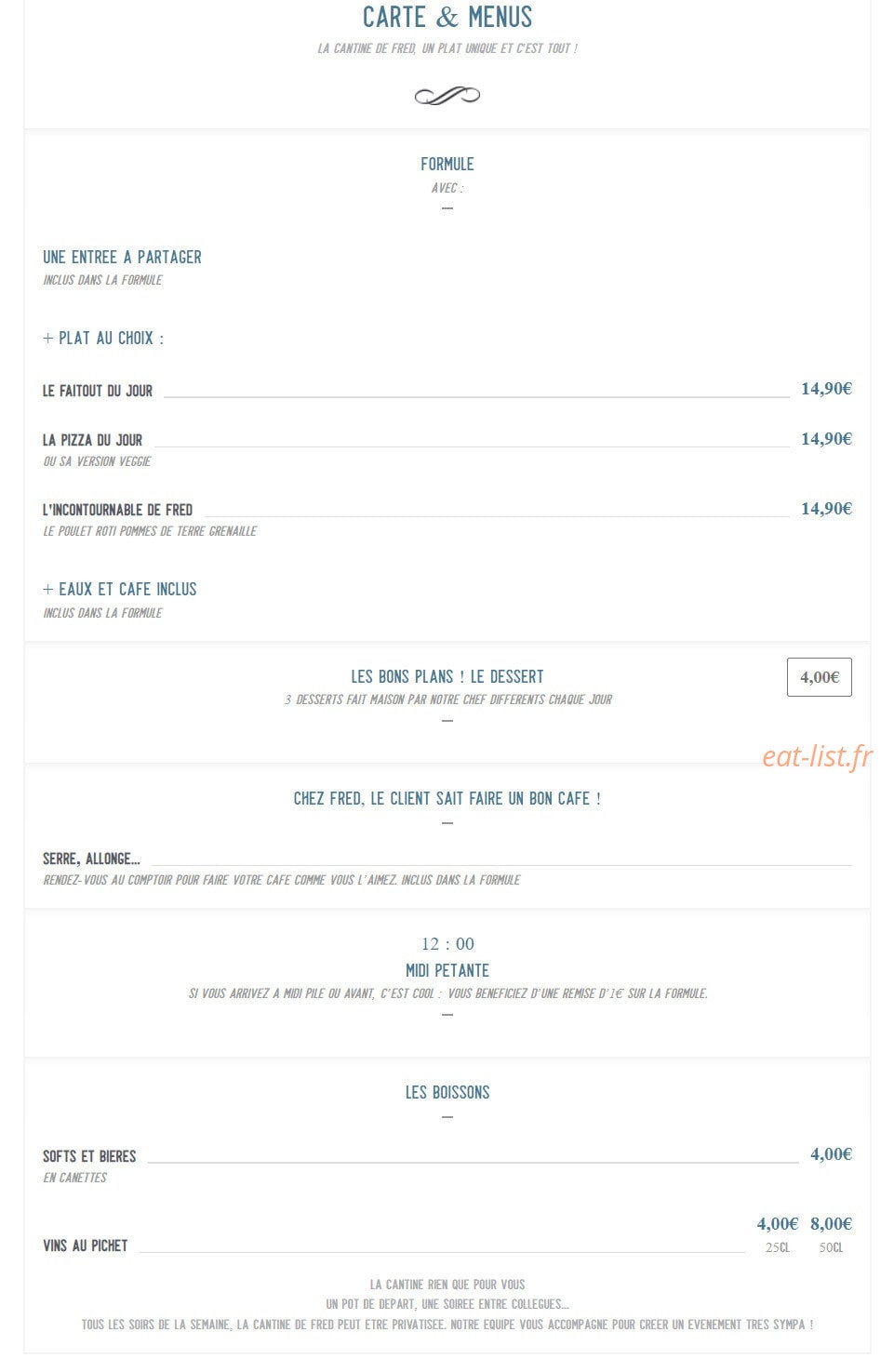 La Cantine de Fred Evry — carte page 1