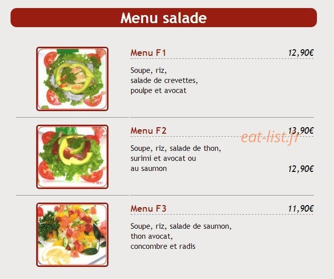 Carte et menu de Sushi Kyo Futao à Corbeil Essonnes — Les menus salades