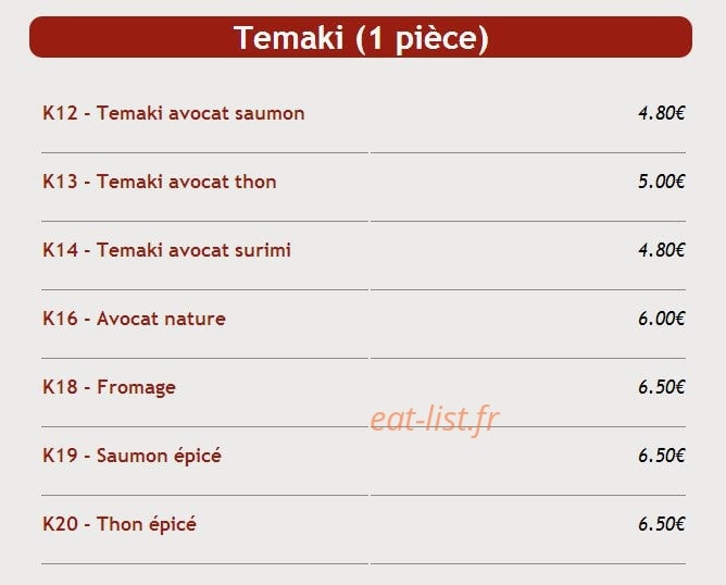 Carte et menu de Sushi Kyo Futao à Corbeil Essonnes — Les temaki