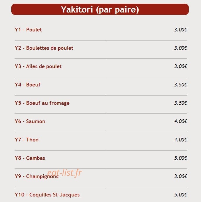 Carte et menu de Sushi Kyo Futao à Corbeil Essonnes — Les yakitori