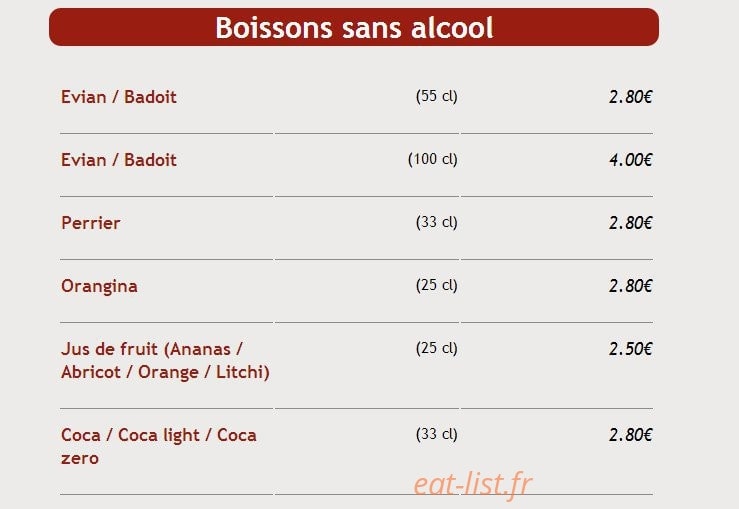 Carte et menu de Sushi Kyo Futao à Corbeil Essonnes — Les boissons sans alcool
