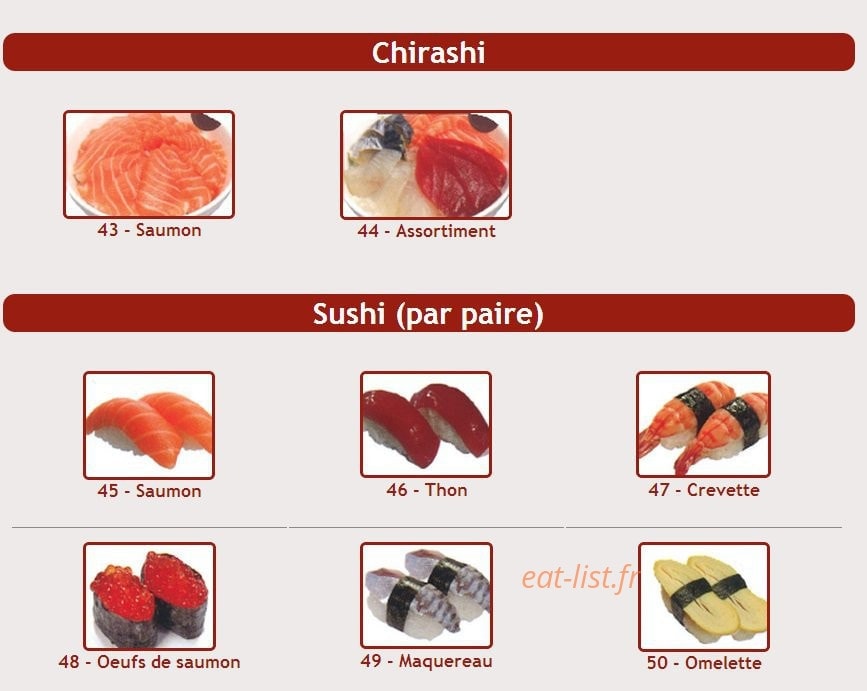 Carte et menu de Sushi Kyo Futao à Corbeil Essonnes — Les chirashi et sushi