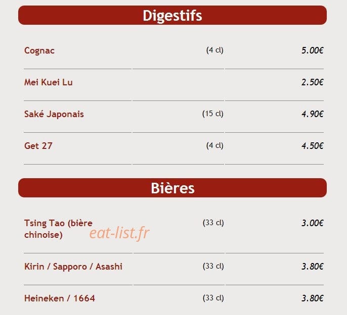 Carte et menu de Sushi Kyo Futao à Corbeil Essonnes — Les digestifs et bières