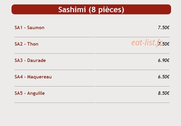 Carte et menu de Sushi Kyo Futao à Corbeil Essonnes — Les sashimi