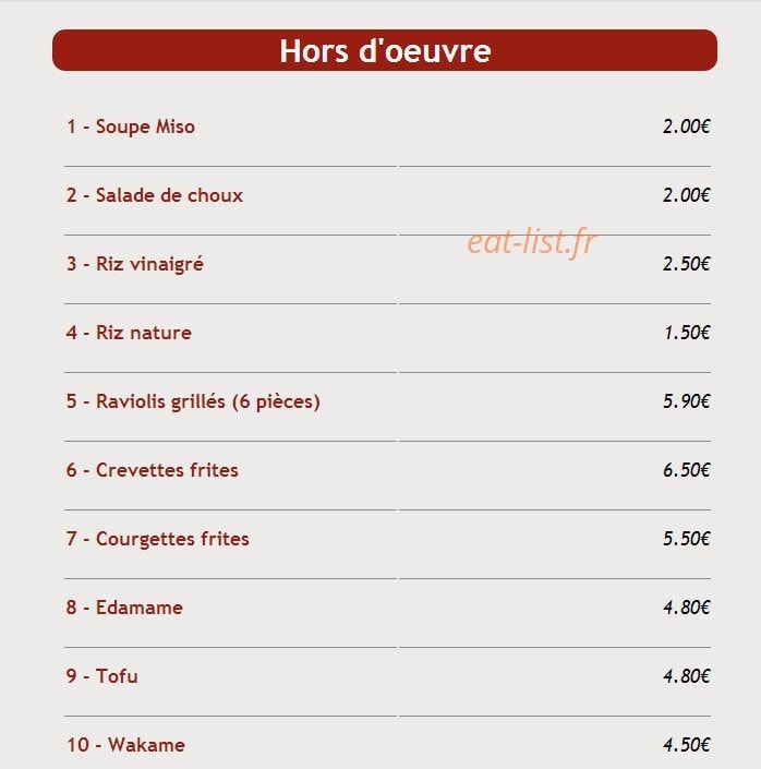 Carte et menu de Sushi Kyo Futao à Corbeil Essonnes — Les hors d' œuvres