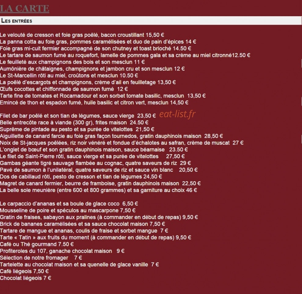 Le 107 Restaurant — carte page 2