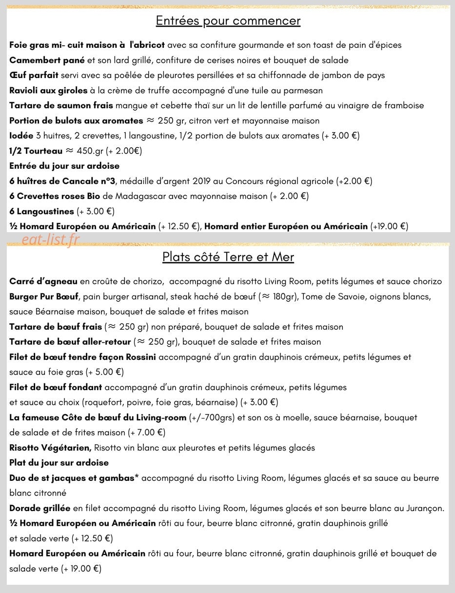 Carte et menu de Living Room à Palaiseau — Entrées et plats