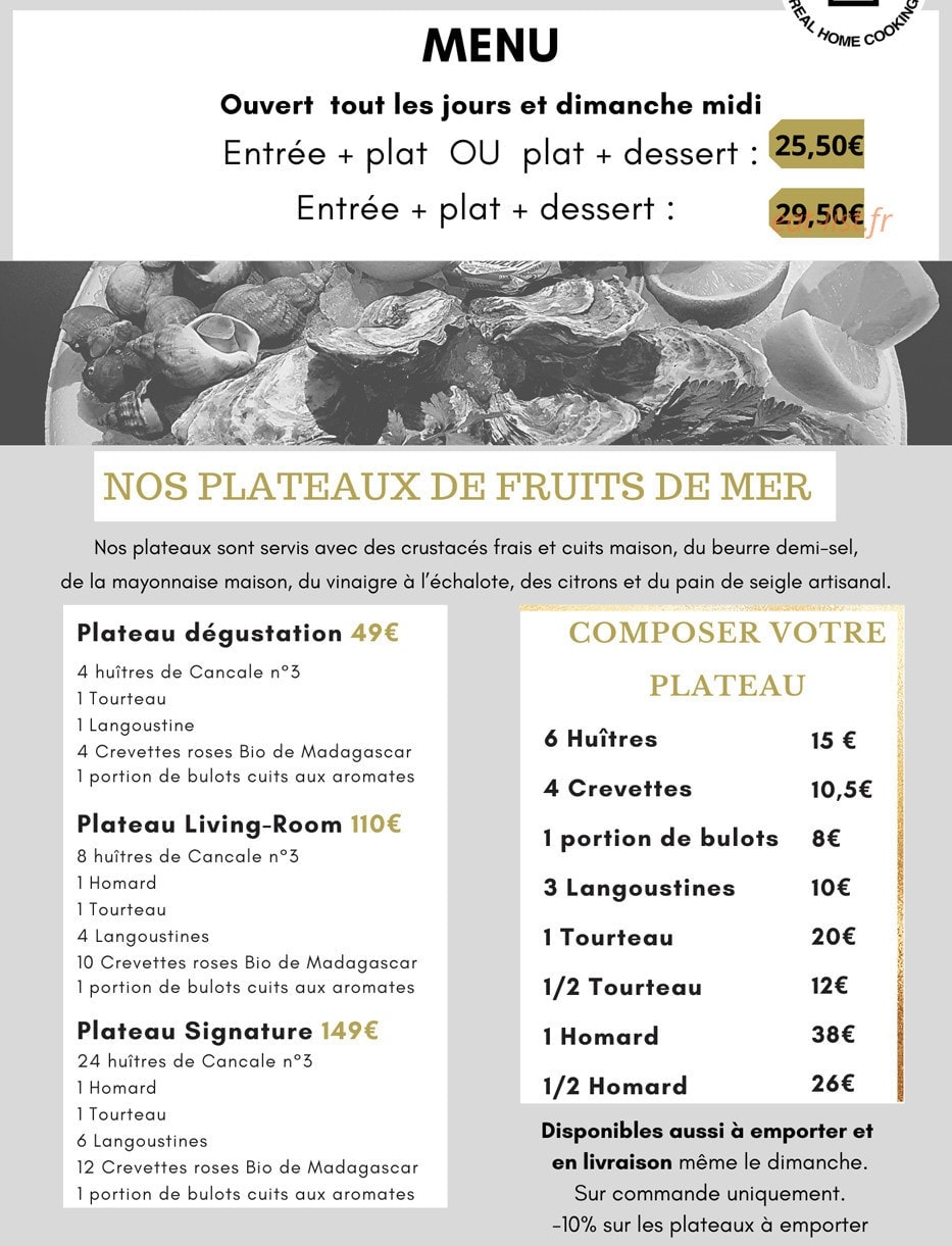 Carte et menu de Living Room à Palaiseau — Menus et Plateau de Fruits de mer