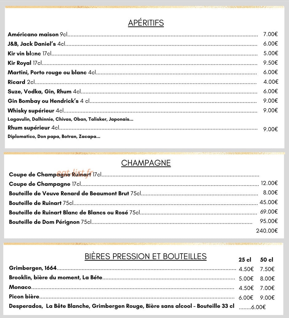 Carte et menu de Living Room à Palaiseau — Apéritifs, champagnes et bières