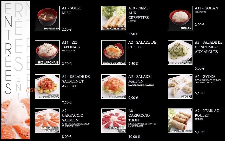 Carte et menu de Ayako Sushi à Villebon sur Yvette — Les Entrées