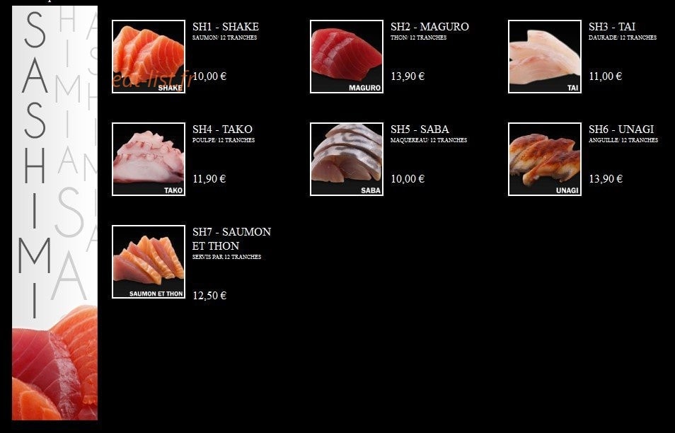 Carte et menu de Ayako Sushi à Villebon sur Yvette — Les Sashimis