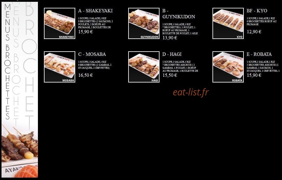 Carte et menu de Ayako Sushi à Villebon sur Yvette — Les Menus Brochettes