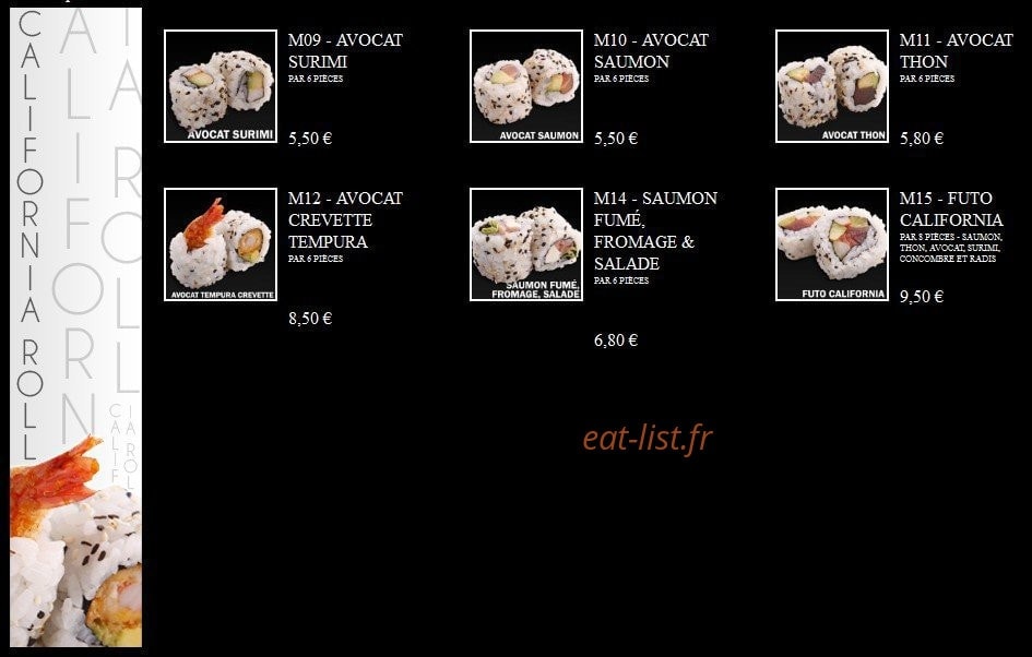 Carte et menu de Ayako Sushi à Villebon sur Yvette — Les California Roll